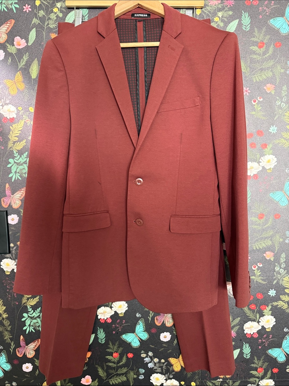 Express Men's Brick Red Two-Button Suit (jacket and pants) slim fit